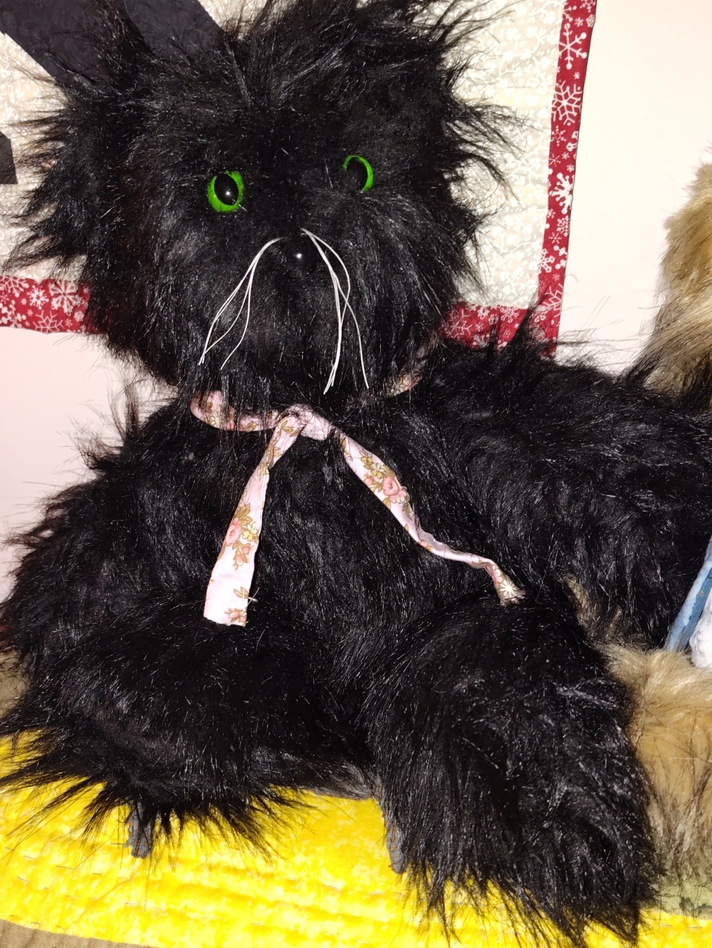 Plush Black Himalayan Cat Green Eyes Faux Black Fur Handsewn